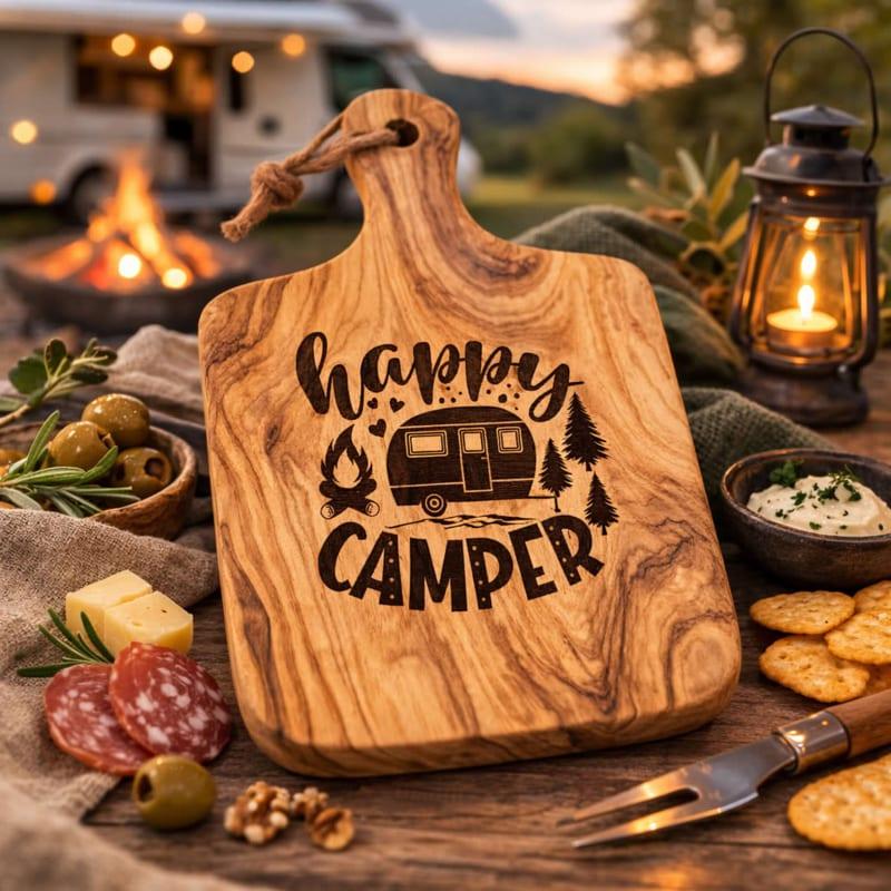 Borrelplank Happy Camper - Reis & Avontuur graveringen