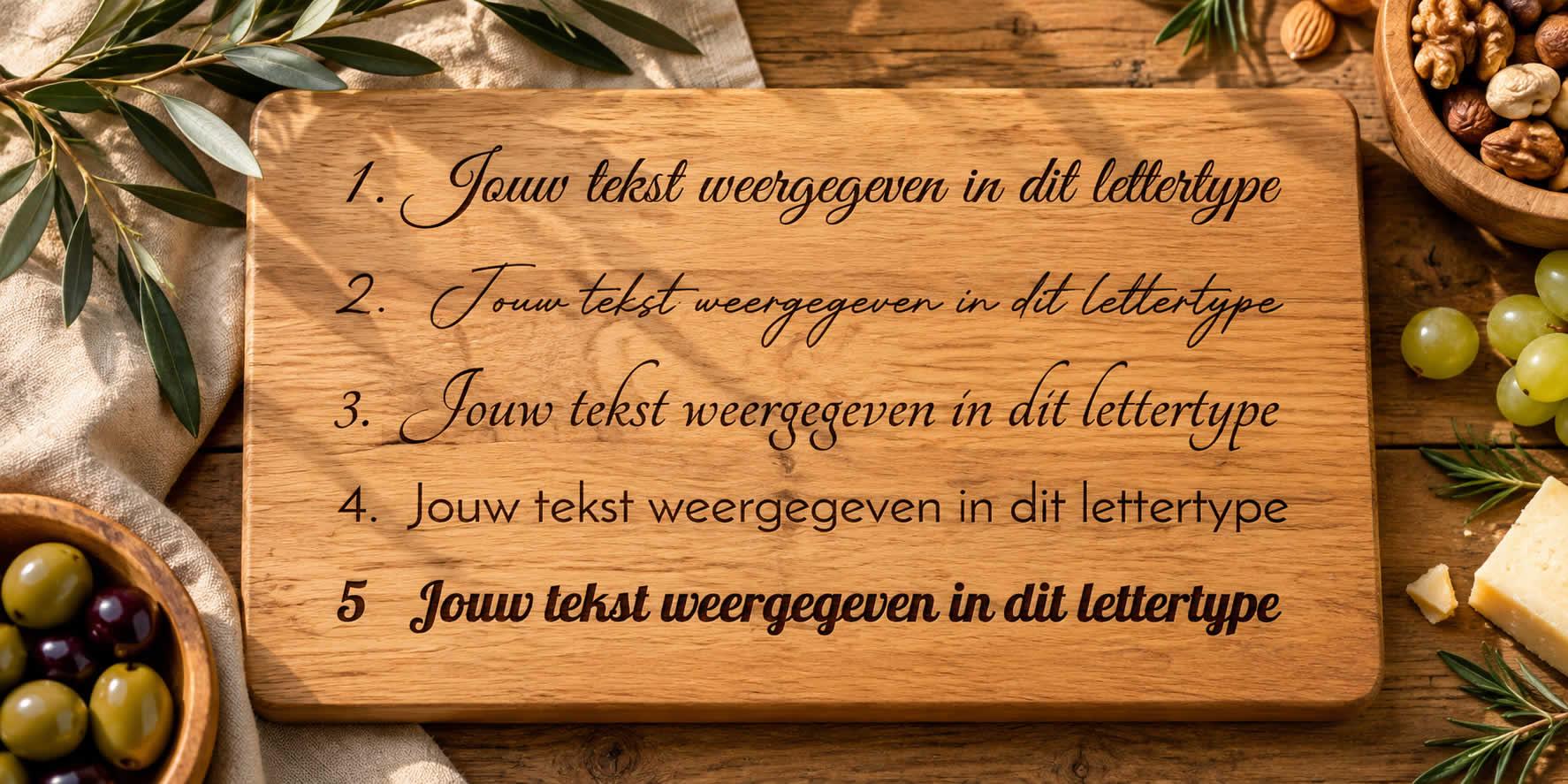 Borrelplank met ALLEEN TEKST GRAVERING – keuze uit 30 lettertypes